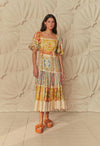 Farm Rio Flower Tapestry Puff-Sleeve Midi Dress