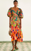 Farm Coral Mixed Graphic Macaws Puff Sleeve Midi Dress
