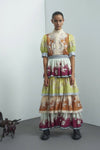 ALÉMAIS Marlow Frill Midi Dress full-length front view with model facing camera