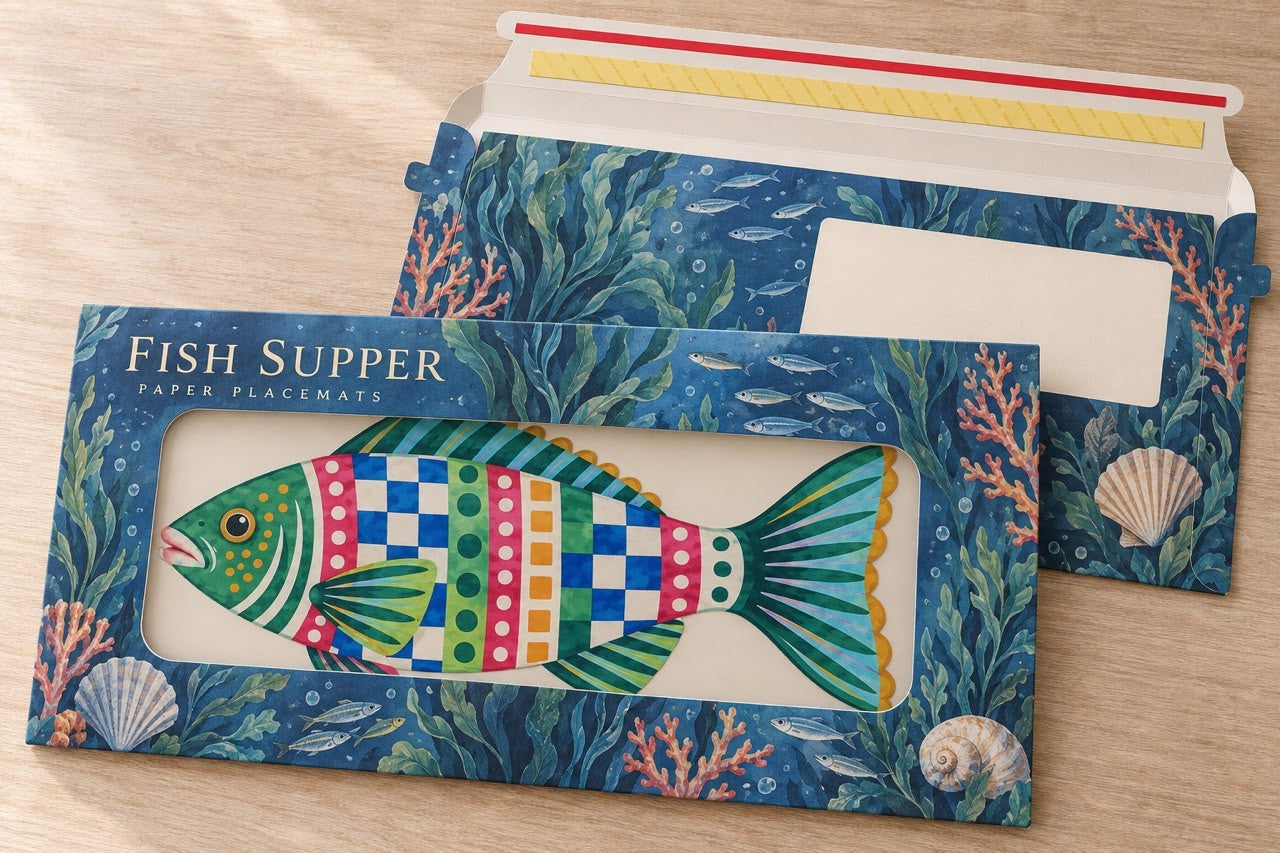 Fish Supper paper placemats in patterned packaging